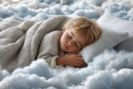 A small child rests soundly with a soft blanket, surrounded by plush clouds in a calm, serene environment.の写真素材