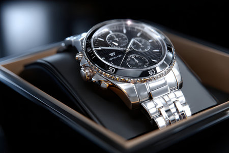 A silver watch with diamonds sits in its boxの写真素材