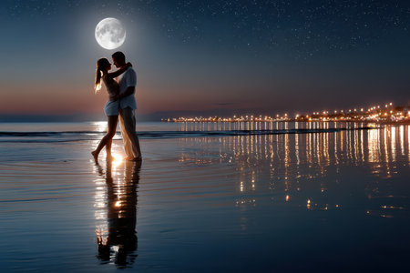 A couple embraces near the shoreline, illuminated by moonlight and lights reflecting on the water.の写真素材