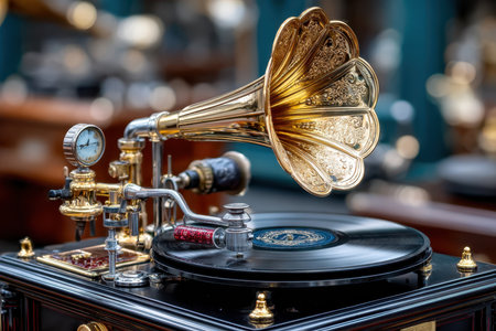 A beautifully crafted vintage gramophone is playing a record amid antique decor in a warm shop atmosphere.の写真素材