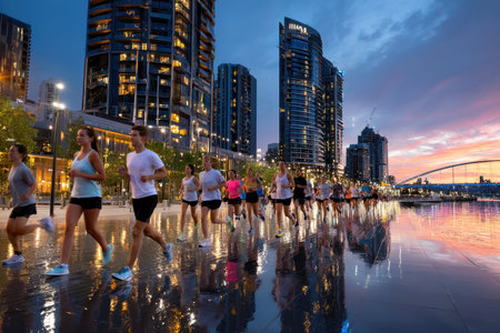 Joggers run together along a waterfront path as the sun sets behind modern skyscrapers, creating a lively scene.の写真素材