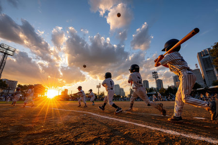 Young players swing baseball bats during practice at an urban field just as the sun sets in the background.の写真素材
