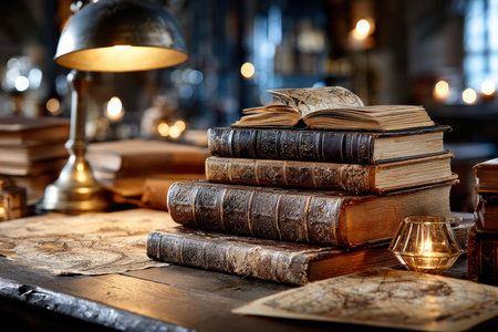 A stack of old, leather-bound books on a scholar's desk, under a desk lamp's focused light, shot with a 50mm lens, with a surprise element of a hidden map between the pagesの写真素材