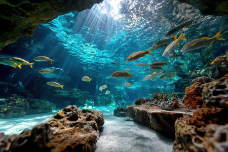 School of fish swimming in sunlit waters of a vibrant coral reefの写真素材