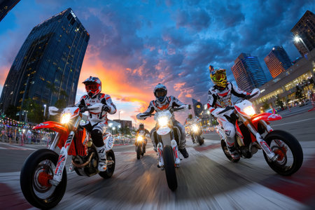 Motorcyclists race down a city street at duskの写真素材