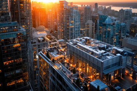 Cityscape at sunset, with buildings and a rooftop patio overlooking a riverの写真素材