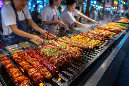 Closeup view of various skewers grilling on a hot barbecue at a night marketの写真素材