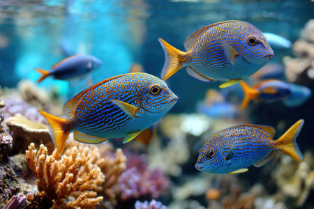 Striped surgeonfish swim among coral in a vibrant reef aquariumの写真素材