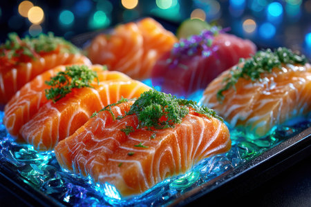 Closeup of salmon sashimi arranged on a bed of iceの写真素材