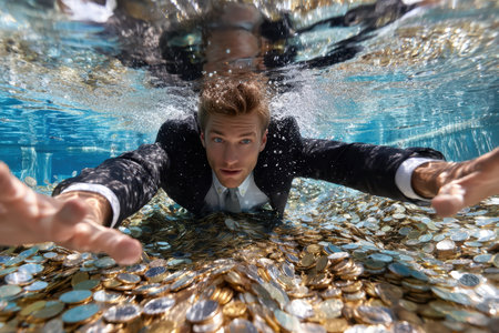 A man in formal attire dives into a pool overflowing with shiny coins, showing casing joy and excitement.の写真素材