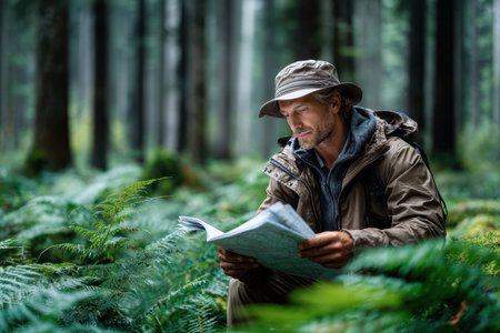 A man in a hat examines a detailed map amidst vibrant green ferns in a serene forest setting.の写真素材
