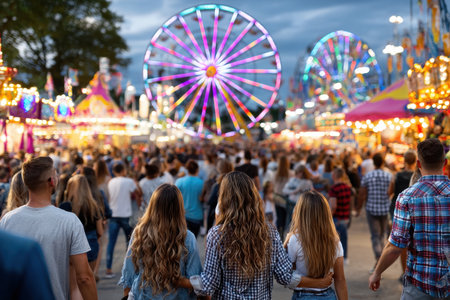 Friends walk through a crowded amusement park at duskの写真素材