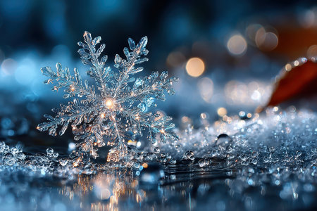 A detailed closeup of a snowflake on a frosty surfaceの写真素材