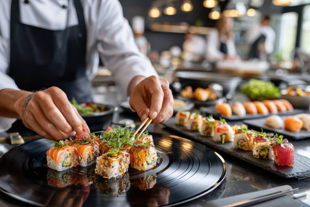 A chef meticulously arranges colorful sushi rolls on a black plate in a vibrant kitchen setting.の写真素材