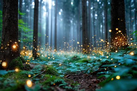A magical forest floor glows with fireflies at duskの写真素材