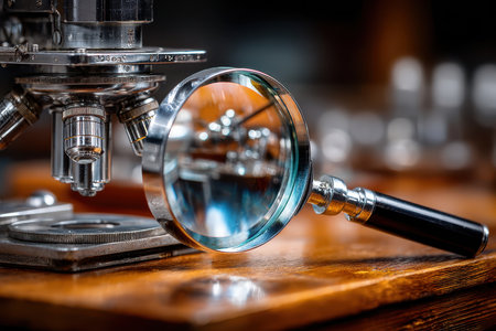 A magnifying glass sits next to a microscope on a wooden surface in a well-equipped laboratory, highlighting details.の写真素材