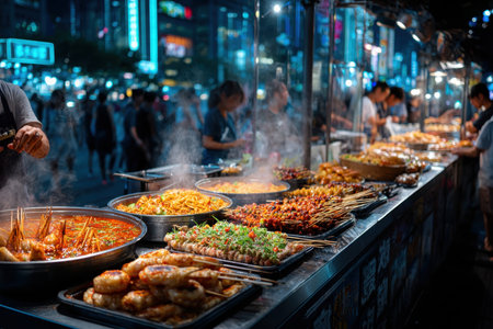 Various Asian dishes are displayed on a food stall at a busy night marketの写真素材
