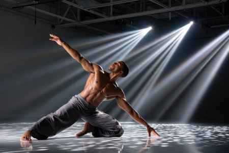 A muscular dancer performs a graceful pose under dramatic stage lightingの写真素材