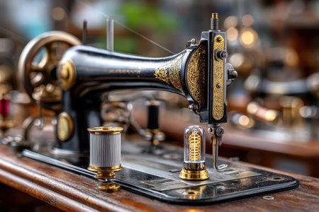 Craft shop showcases an ornate antique sewing machine with vintage spools and a unique light bulb.の写真素材