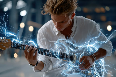 A musician plays an electric guitar surrounded by glowing energy effects in a modern indoor space.の写真素材