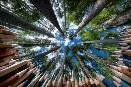Tall trees stretch upward towards a blue sky, surrounded by vibrant colored pencils at the base.の写真素材