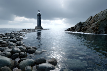 A lighthouse rises above rocky shores reflecting in tranquil waters, surrounded by an overcast sky.の写真素材