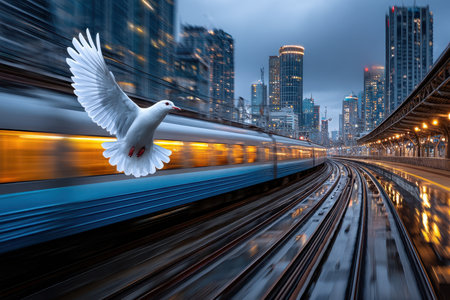 A white dove flies next to a train speeding along wet tracks in a cityの写真素材
