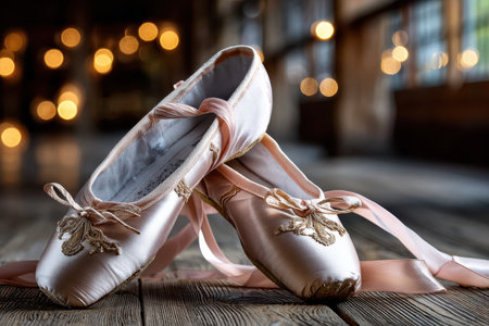A pair of worn pink ballet pointe shoes with gold embroidery rests on a wooden floor against a blurred background with warm, glowing lightsの写真素材