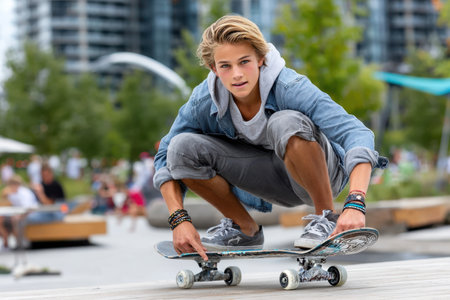 A young skateboarder crouches on his board, preparing to execute a trick in an active city park with greenery.の素材