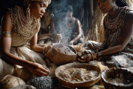 Women are engaged in the age-old practice of grinding spices while surrounded by natural materials.の素材