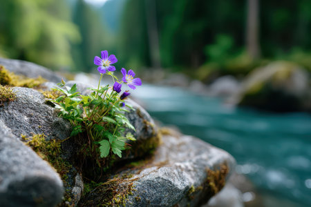 Purple wildflowers grow on mossy rocks next to a clear river, surrounded by lush greenery in a tranquil forest.の素材