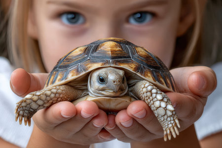 A child enjoys a moment of connection with a tortoise, displaying curiosity and tenderness outdoors.の素材