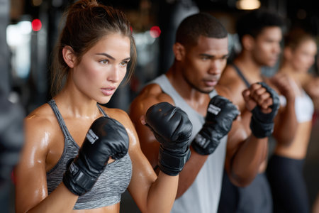 Athletes practice boxing techniques in a gym, focusing on their stance and form while wearing gloves.の素材