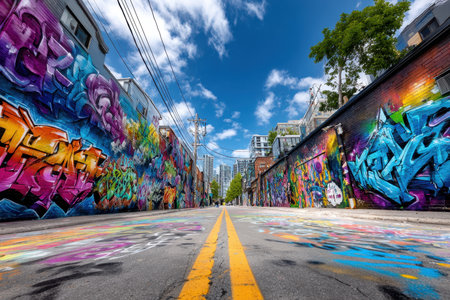A colorful graffiti wall in an urban alleyway, under harsh, midday light, shot with a wide-angle lens, the graffiti contains a hidden messageの素材