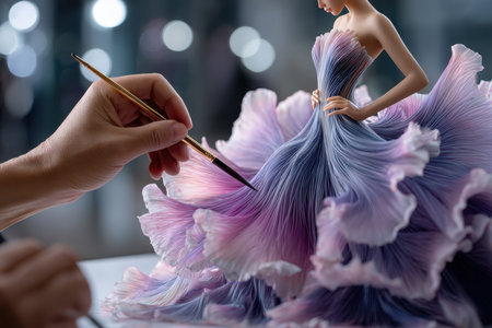 A designer applies fine brush strokes to a stunning gown on a fashion figure during a creative moment in the studio.の素材