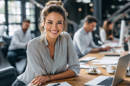 Bright and cheerful professional collaborates in a modern office with colleagues in the background.の素材