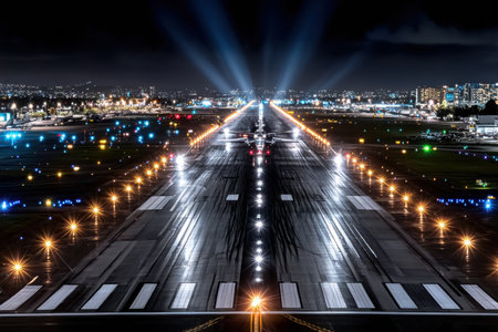 An airplane is on the runway at night, preparing for takeoffの素材