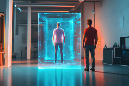 A man stands in a contemporary gallery, watching a holographic figure illuminated in vibrant colors.の素材