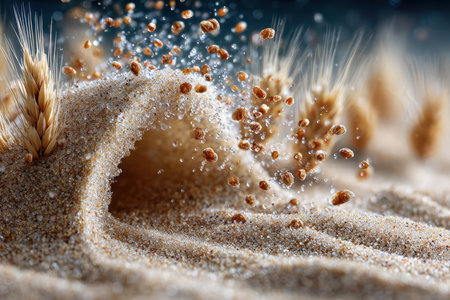 Small grains of sand dance in the air, illuminated by sunlight amidst golden wheat stalks in a serene landscape.の素材