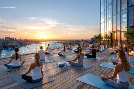 Participants engage in a yoga session at sunset on a rooftop with stunning city views.の素材