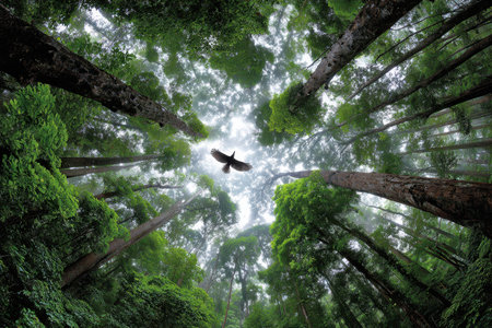 A bird flies above a lush green forest canopy on a misty dayの素材