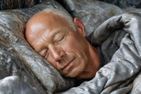 A middle-aged man rests soundly, wrapped in a soft blanket, enjoying his peaceful slumber at home.の素材