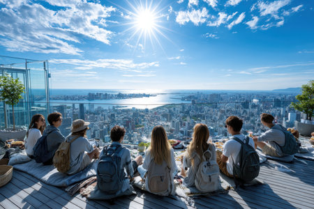 A group of friends relaxes on a rooftop, sharing food and laughter while admiring the stunning skyline.の素材