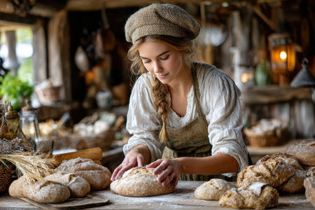 A young woman expertly shapes dough on a wooden table in a quaint bakery filled with fresh bread.の素材