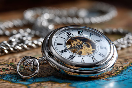 An antique pocket watch resting on a vintage map, with a soft morning light, shot with a macro lens, capturing the passage of timeの素材
