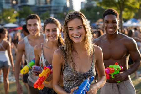 Four friends smile brightly, holding colorful water guns under the sun during a summer afternoon.の素材