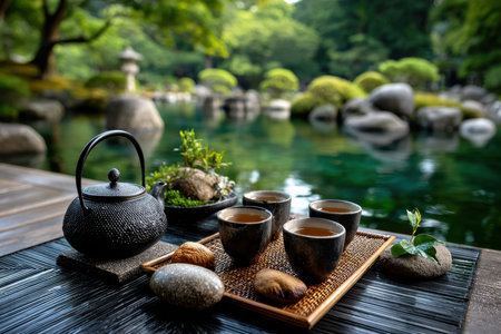 Tea set and teapot on a wooden table in a tranquil garden settingの素材