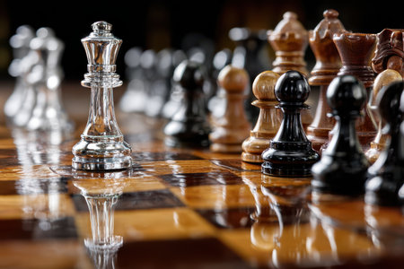 A silver queen chess piece stands on a glossy wooden chessboardの素材