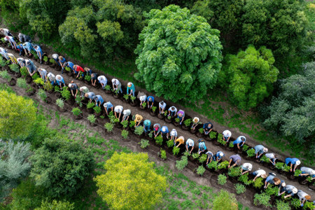 A group of people planting trees in a park, with a hopeful, green mood, shot with a drone camera, symbolizing the collective effort to combat climate changeの素材