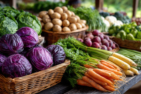 Fresh, colorful vegetables arranged in baskets at a local marketの素材